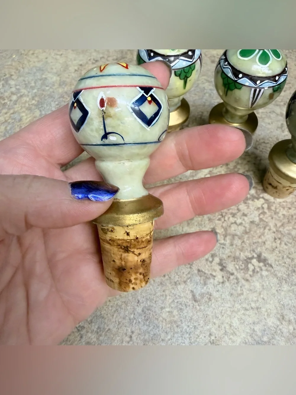 Pier1 Imports 3” Hand Painted Stone Bottle Stoppers Set of Four